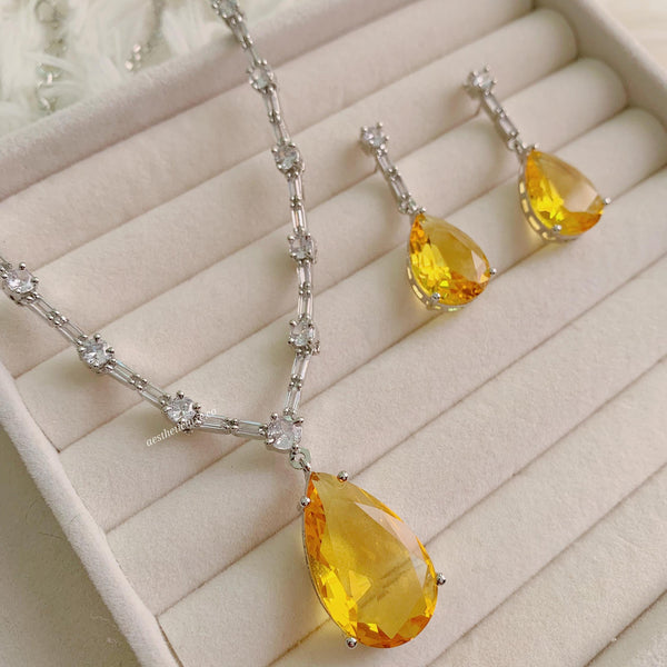 Deepika Padukone Inspired Yellow Diamond Necklace, Sabyasachi Style Jewelry, American Diamond Canary Yellow Stone Set CZ