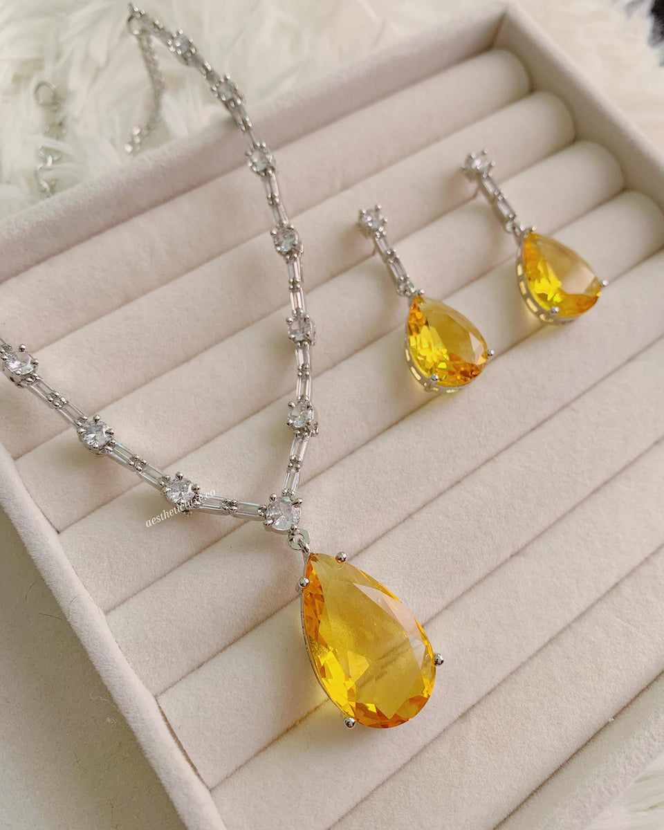 Deepika Padukone Inspired Yellow Diamond Necklace, Sabyasachi Style Jewelry, American Diamond Canary Yellow Stone Set CZ
