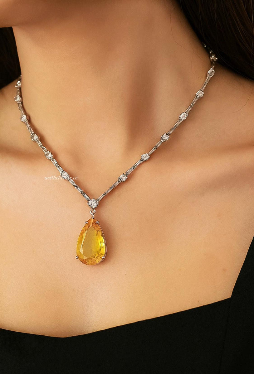 Deepika Padukone Inspired Yellow Diamond Necklace, Sabyasachi Style Jewelry, American Diamond Canary Yellow Stone Set CZ