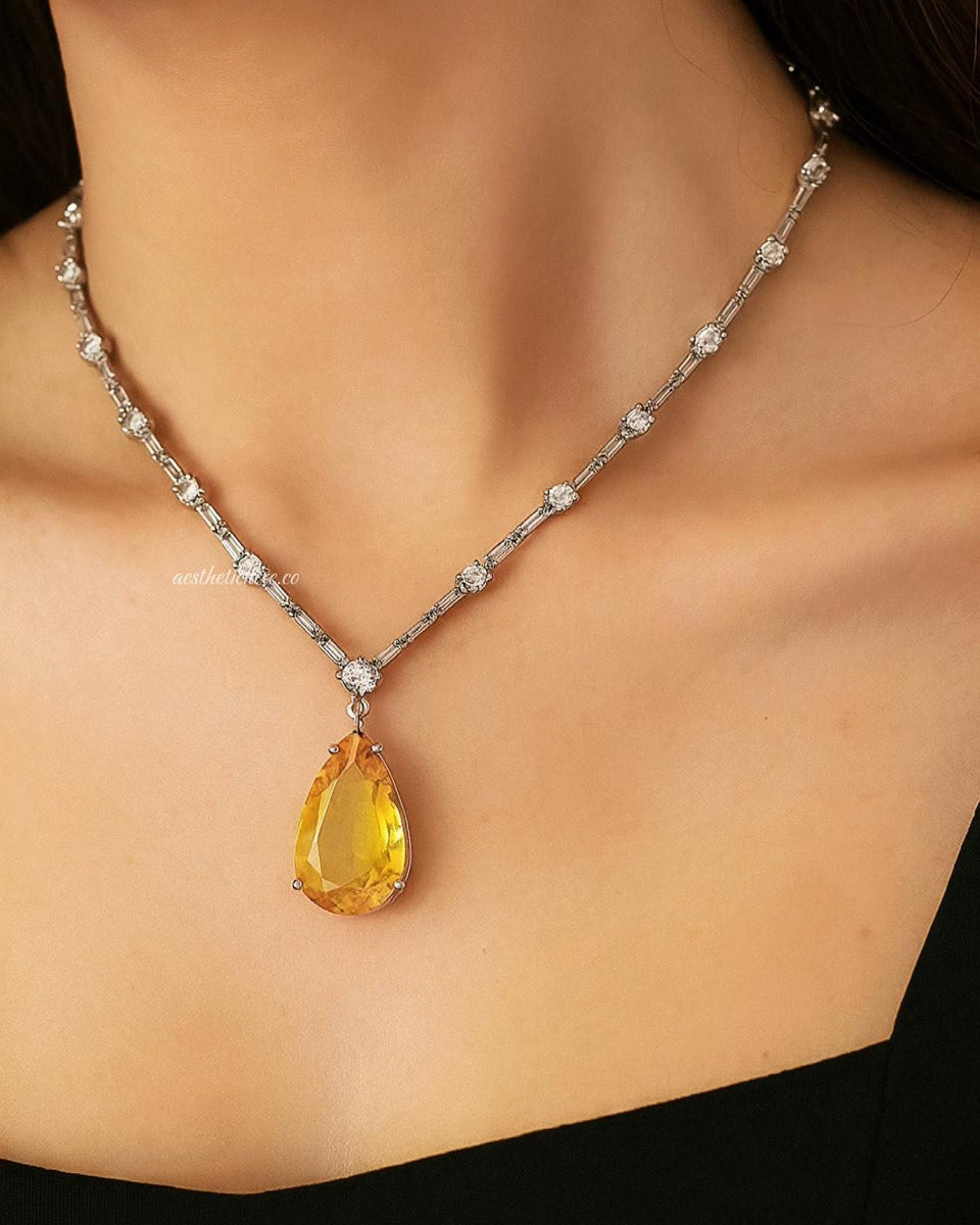 Deepika Padukone Inspired Yellow Diamond Necklace, Sabyasachi Style Jewelry, American Diamond Canary Yellow Stone Set CZ