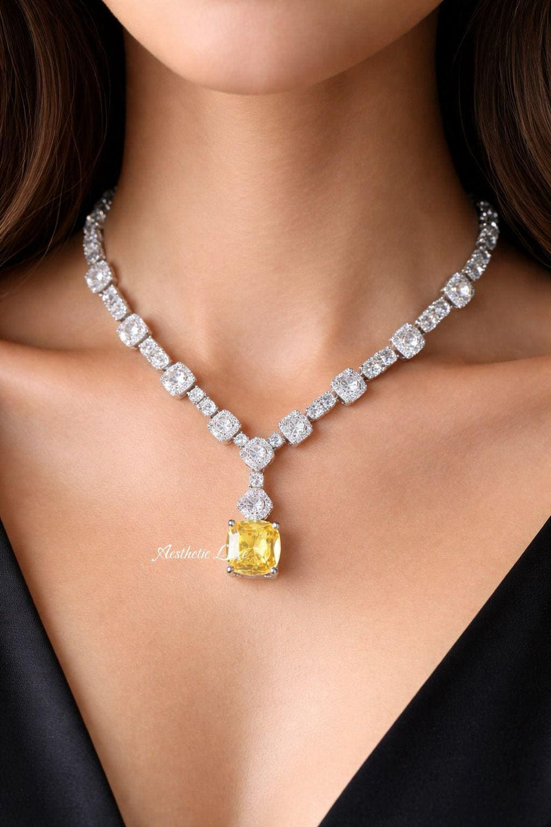 Yellow Canary American Diamond Necklace Set | CZ Statement Jewelry | Celebrity Inspired Indian Bridal Necklace