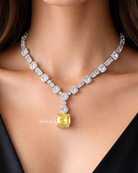 Yellow Canary American Diamond Necklace Set | CZ Statement Jewelry | Celebrity Inspired Indian Bridal Necklace