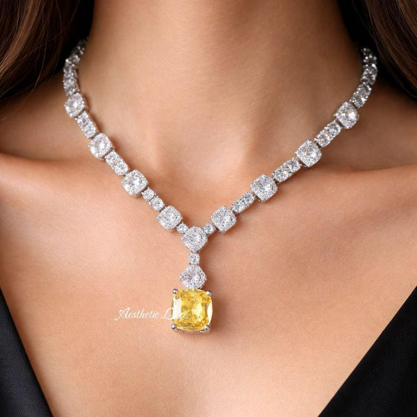 Yellow Canary American Diamond Necklace Set | CZ Statement Jewelry | Celebrity Inspired Indian Bridal Necklace