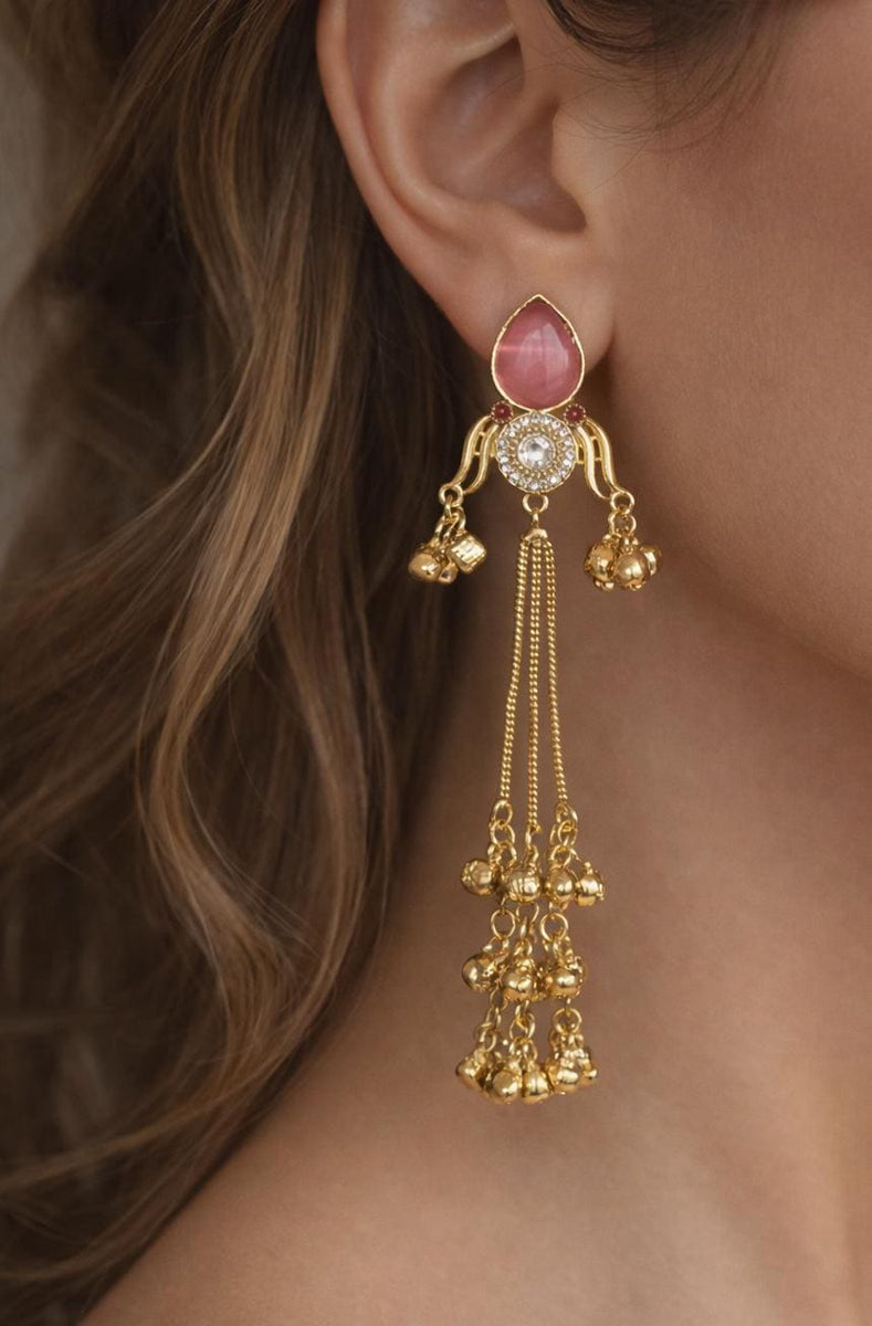 Kashmiri Earrings | Traditional Indian Gold-Tone Kundan Polki Earrings with Pink Glass Stone & Ghungroo Drops | Bridal Statement Jewelry