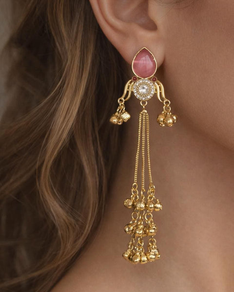 Kashmiri Earrings | Traditional Indian Gold-Tone Kundan Polki Earrings with Pink Glass Stone & Ghungroo Drops | Bridal Statement Jewelry