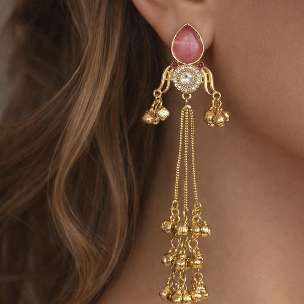 Kashmiri Earrings | Traditional Indian Gold-Tone Kundan Polki Earrings with Pink Glass Stone & Ghungroo Drops | Bridal Statement Jewelry