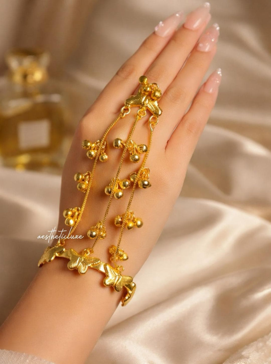 Butterfly Haathphool | Gold Plated Ghungroo Panja Link Bracelet with Ring | Indian Ethnic Bridal Hathphool Pair