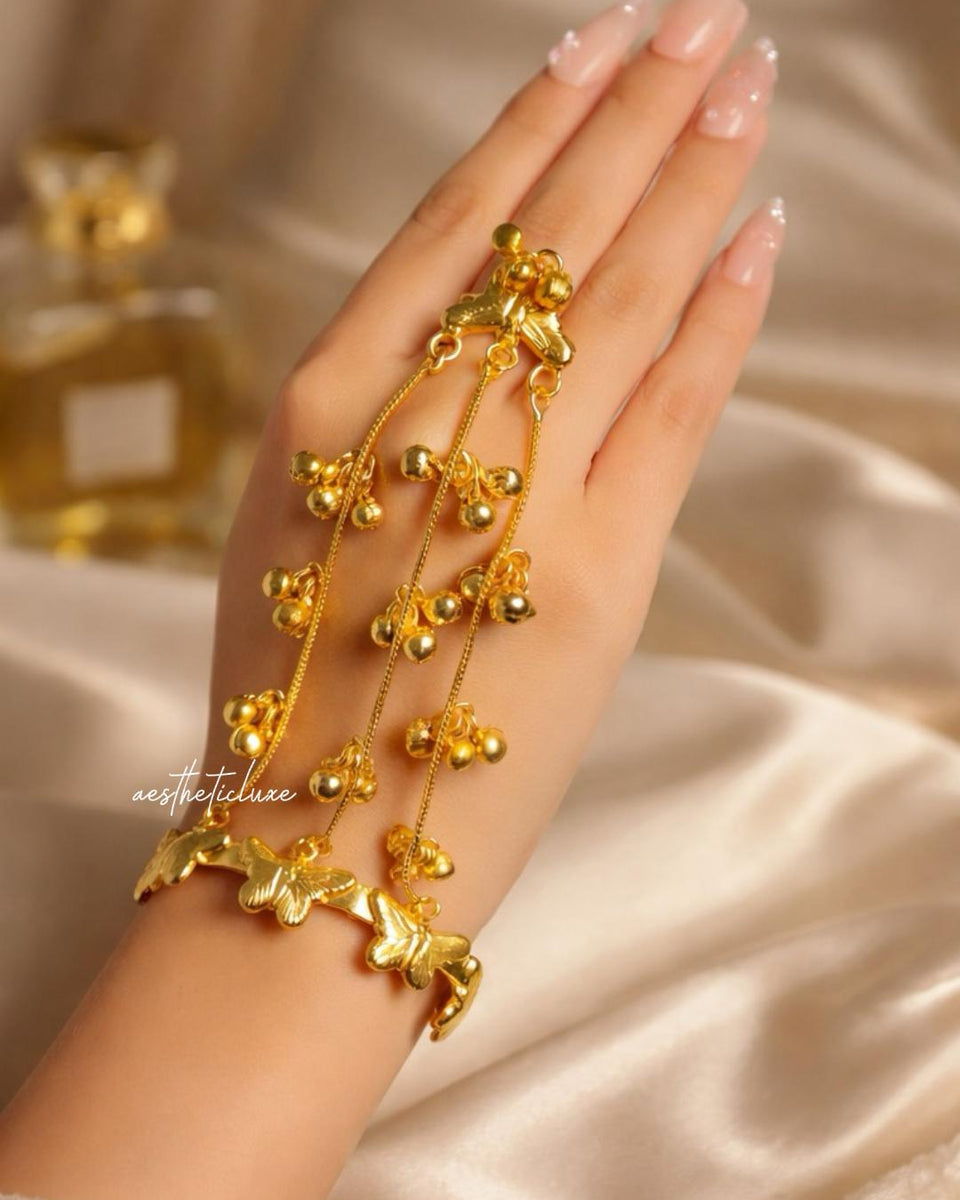 Butterfly Haathphool | Gold Plated Ghungroo Panja Link Bracelet with Ring | Indian Ethnic Bridal Hathphool Pair