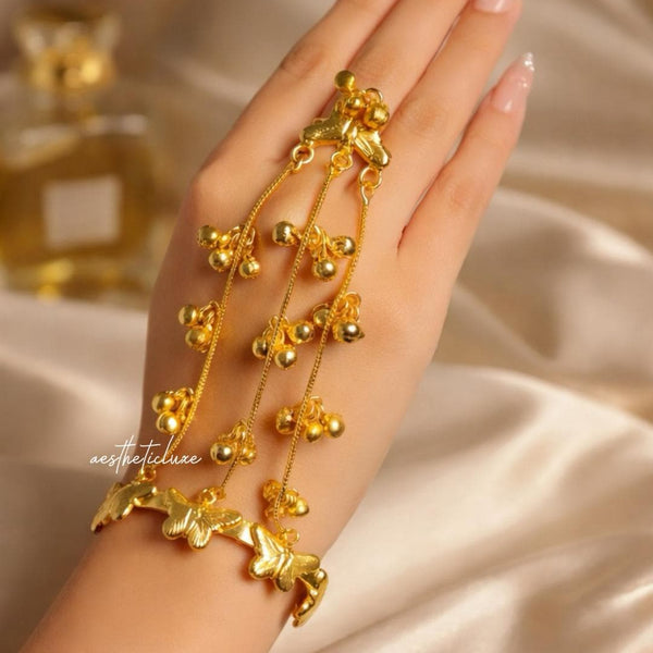 Butterfly Haathphool | Gold Plated Ghungroo Panja Link Bracelet with Ring | Indian Ethnic Bridal Hathphool Pair