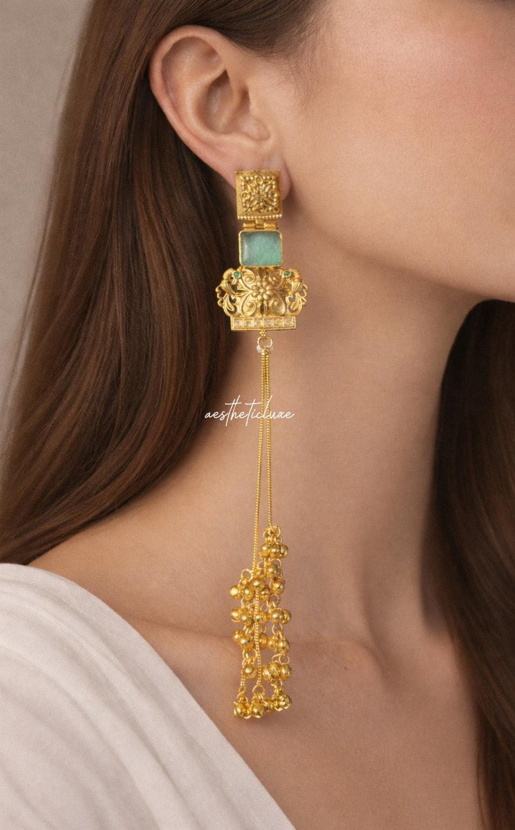 Kashmiri Kundan Polki Earrings with Green Stone & Ghungroo Drops | Gold-Tone Traditional Indian Bridal Statement Earrings