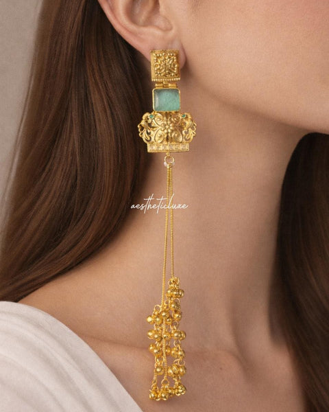 Kashmiri Kundan Polki Earrings with Green Stone & Ghungroo Drops | Gold-Tone Traditional Indian Bridal Statement Earrings