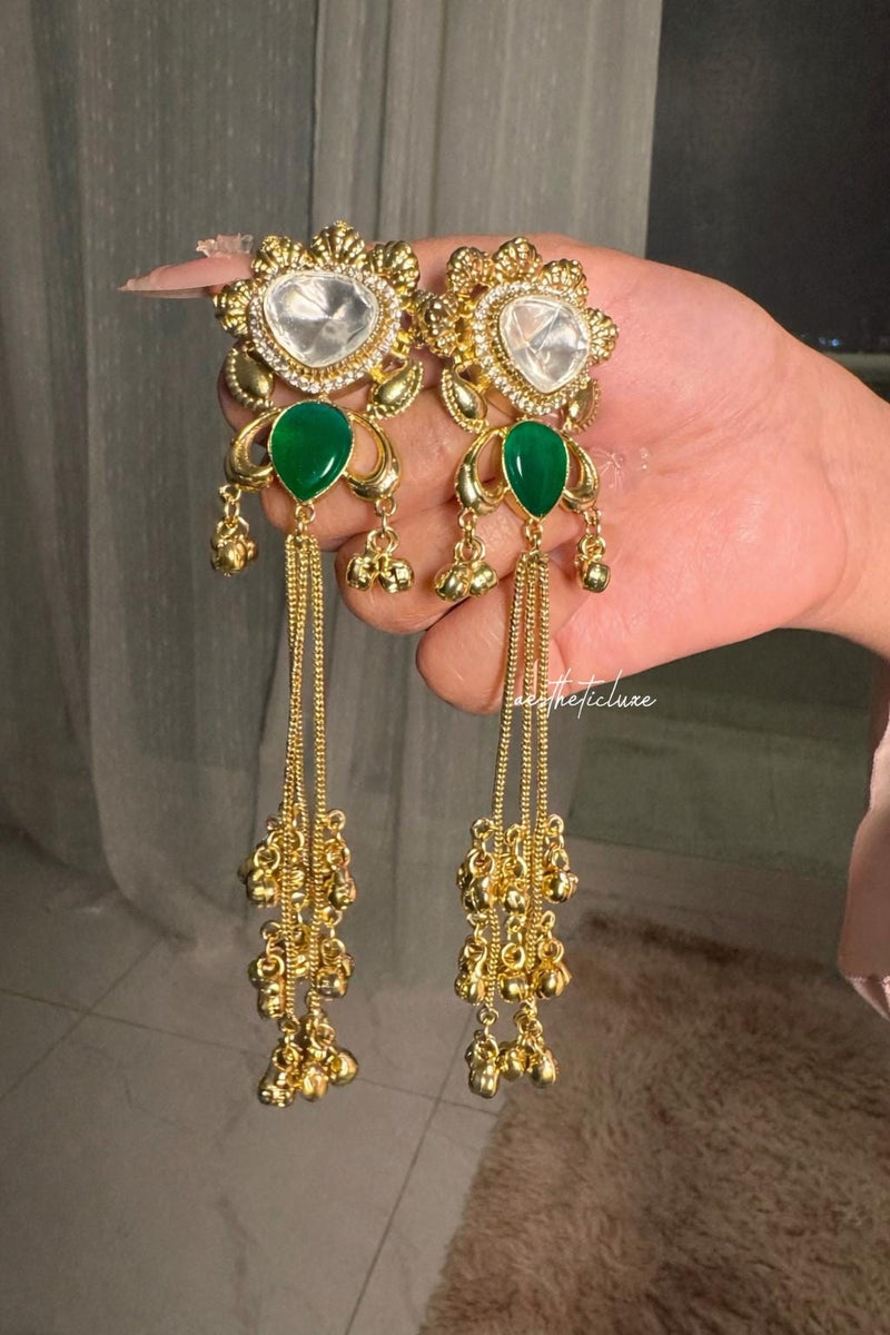 Kashmiri Green Emerald Earrings | Gold-Tone Kundan Indian Bridal Polki Jewelry