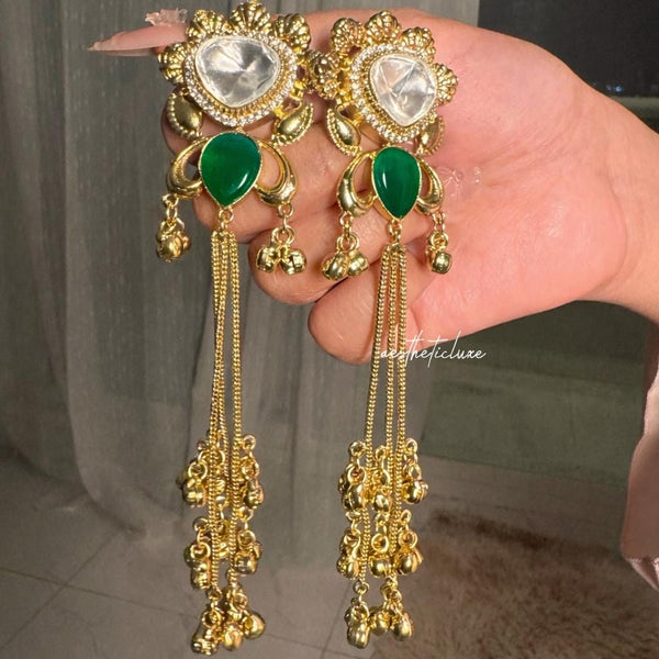 Kashmiri Green Emerald Earrings | Gold-Tone Kundan Indian Bridal Polki Jewelry