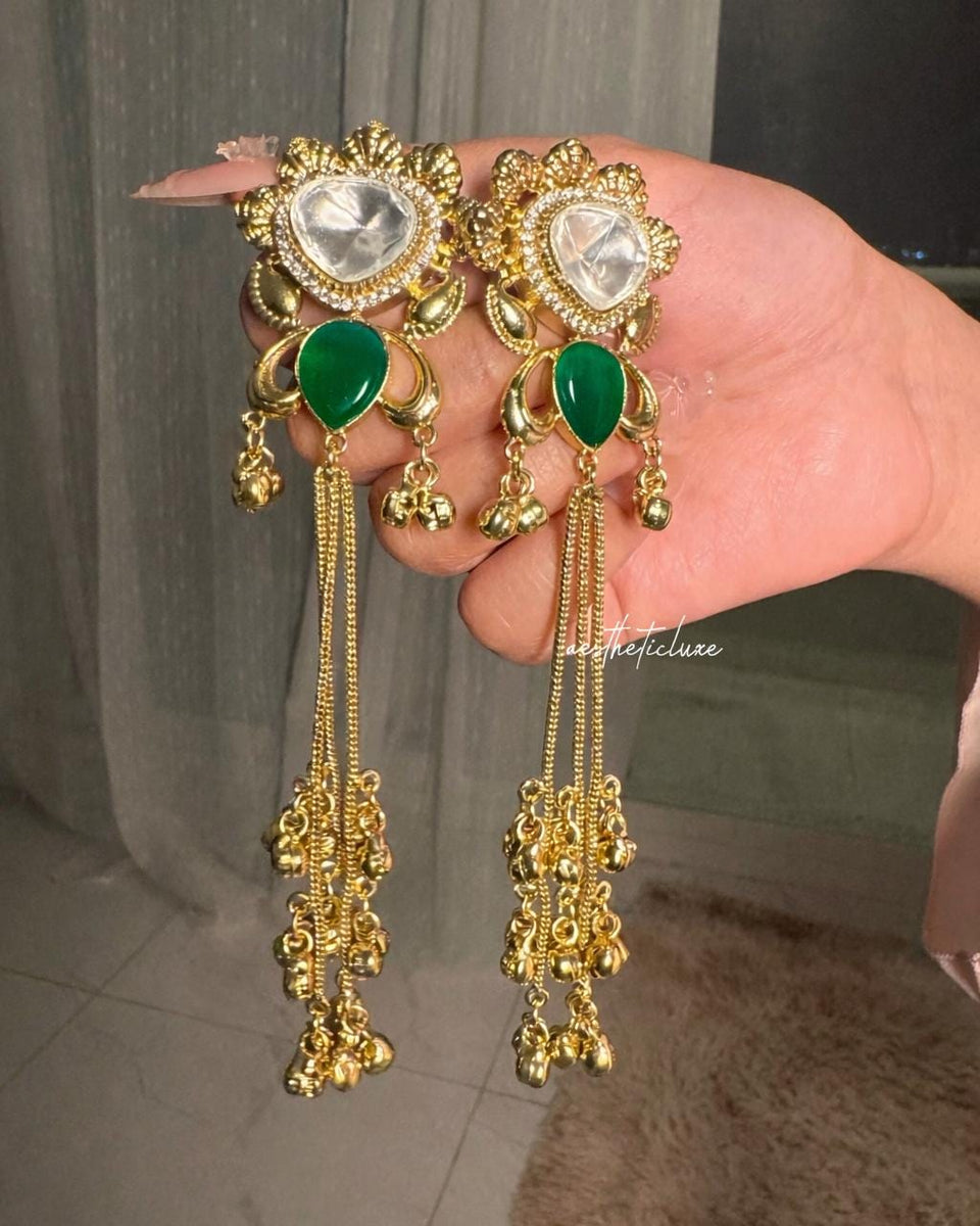 Kashmiri Green Emerald Earrings | Gold-Tone Kundan Indian Bridal Polki Jewelry