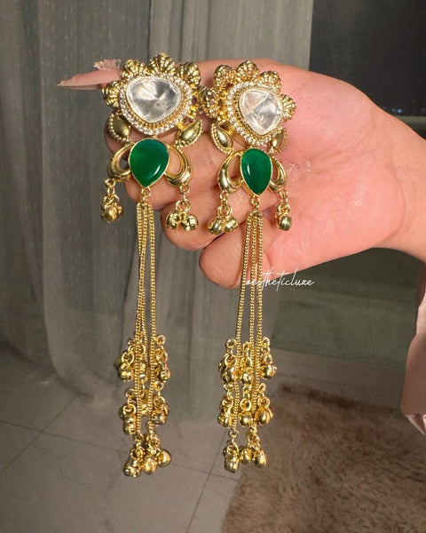 Kashmiri Green Emerald Earrings | Gold-Tone Kundan Indian Bridal Polki Jewelry