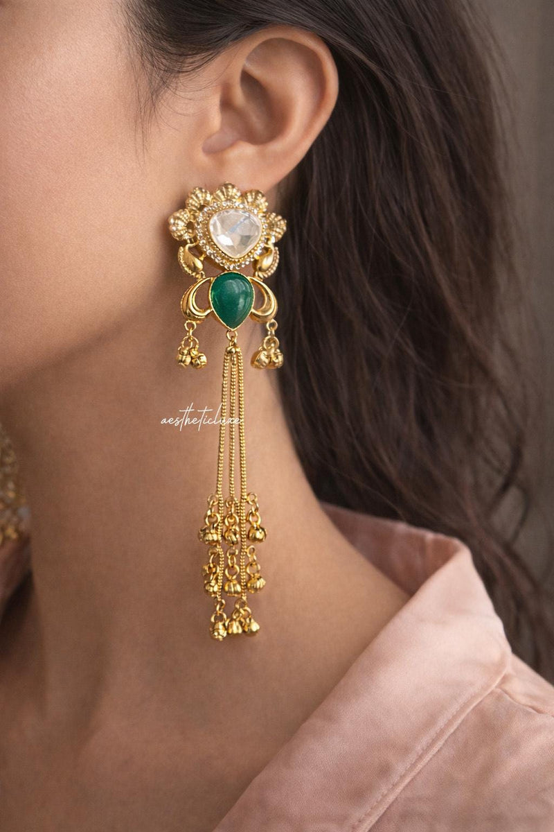 Kashmiri Green Emerald Earrings | Gold-Tone Kundan Indian Bridal Polki Jewelry