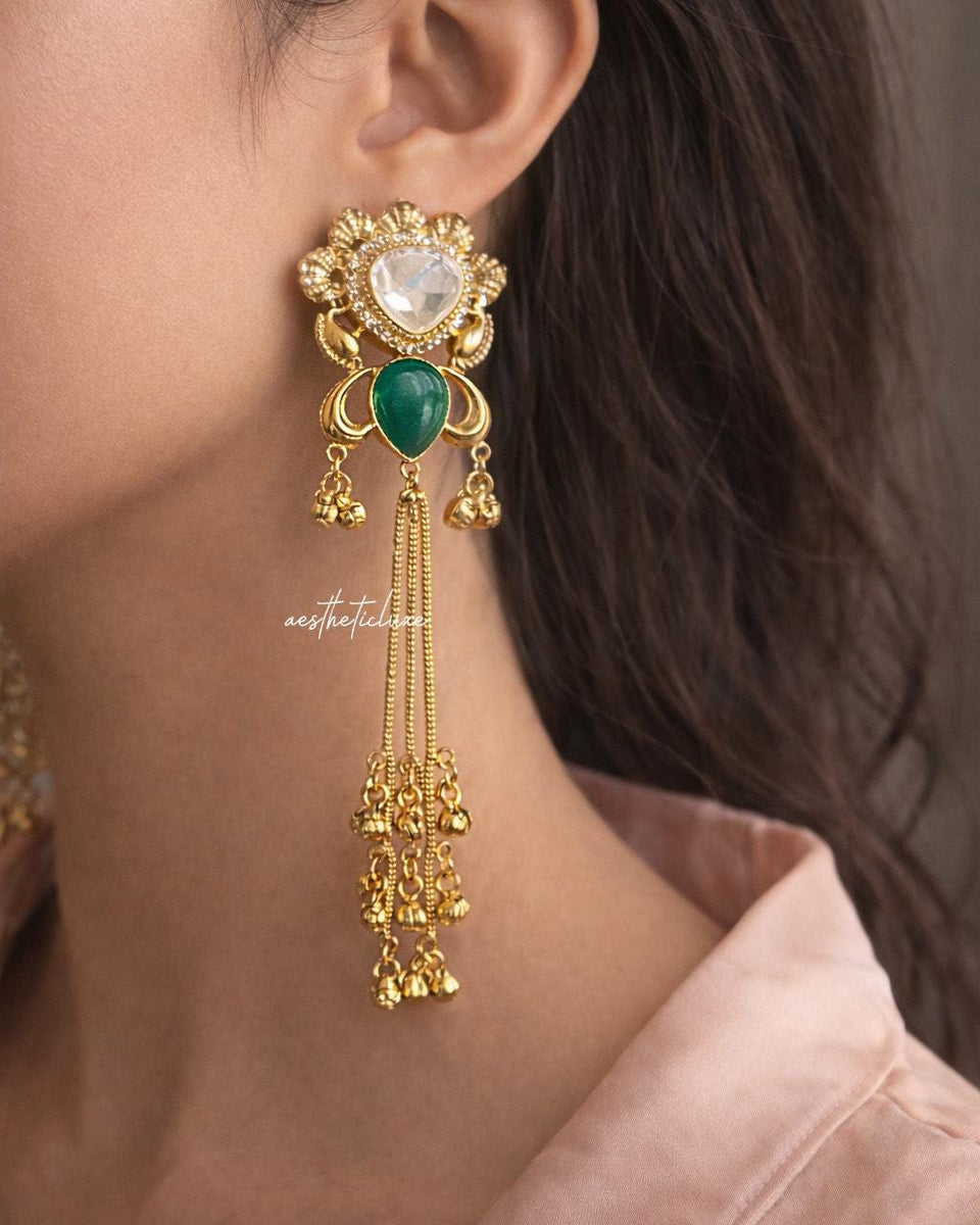 Kashmiri Green Emerald Earrings | Gold-Tone Kundan Indian Bridal Polki Jewelry