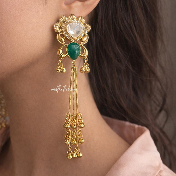 Kashmiri Green Emerald Earrings | Gold-Tone Kundan Indian Bridal Polki Jewelry