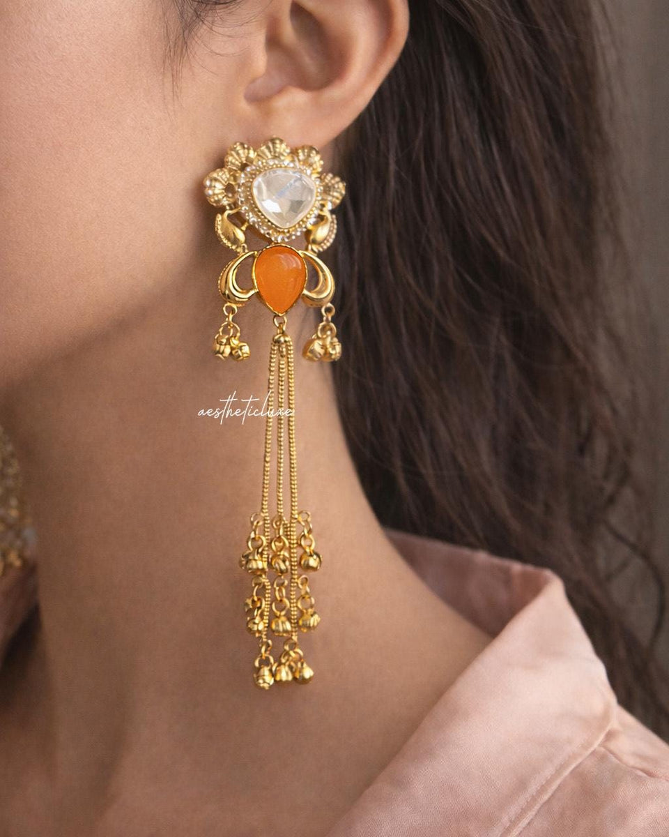 Kashmiri Yellow Canary Earrings | Gold-Tone Kundan Indian Bridal Polki Jewelry