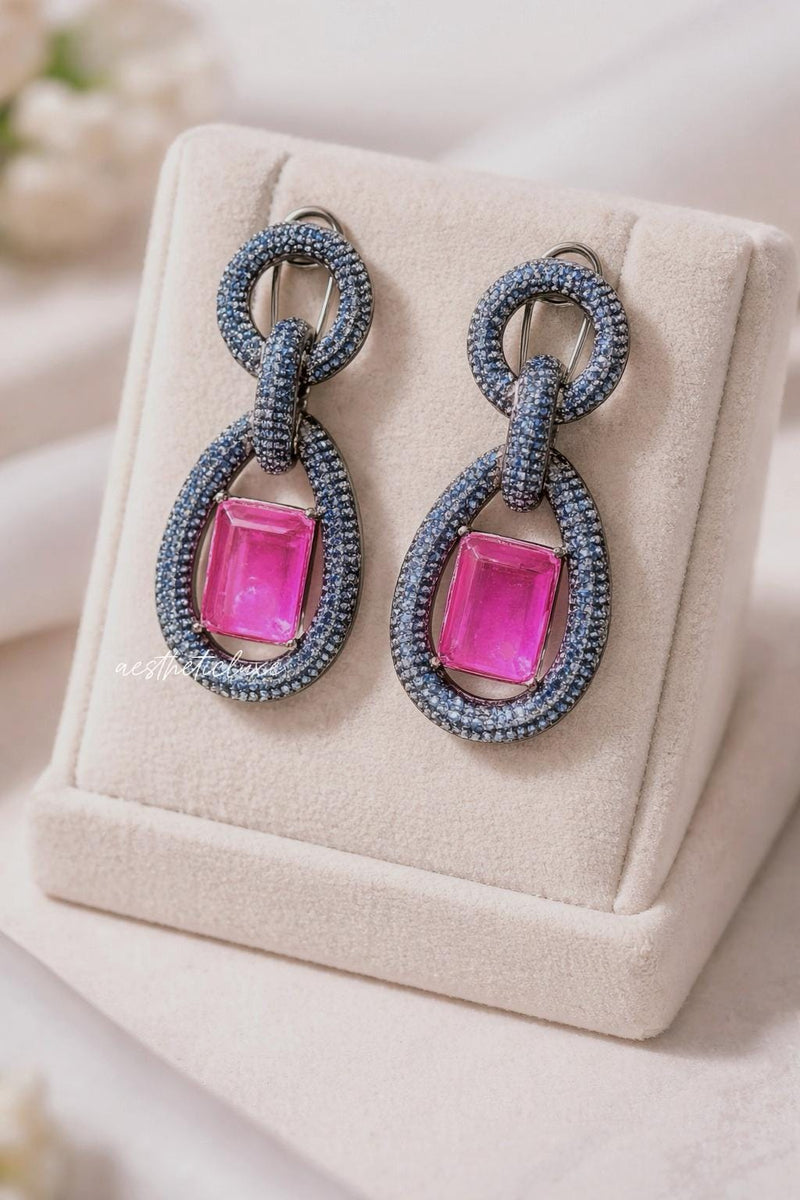 Statement Blue Nano Pave Crystals Earrings | Pink Art Deco Drop Earrings | Lightweight Designer Retro Glam Jewelry