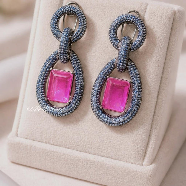 Statement Blue Nano Pave Crystals Earrings | Pink Art Deco Drop Earrings | Lightweight Designer Retro Glam Jewelry