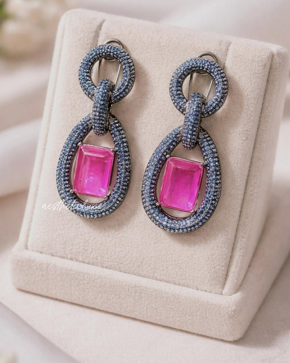 Statement Blue Nano Pave Crystals Earrings | Pink Art Deco Drop Earrings | Lightweight Designer Retro Glam Jewelry