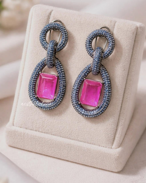 Statement Blue Nano Pave Crystals Earrings | Pink Art Deco Drop Earrings | Lightweight Designer Retro Glam Jewelry