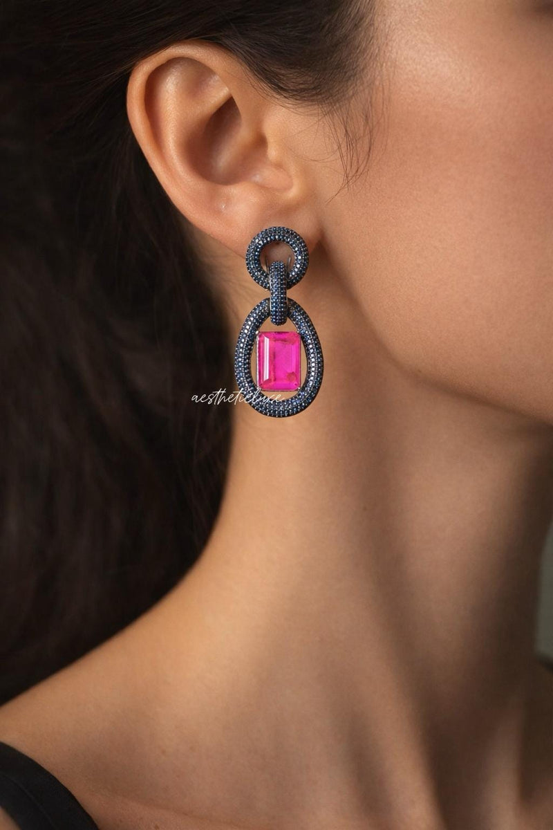 Statement Blue Nano Pave Crystals Earrings | Pink Art Deco Drop Earrings | Lightweight Designer Retro Glam Jewelry