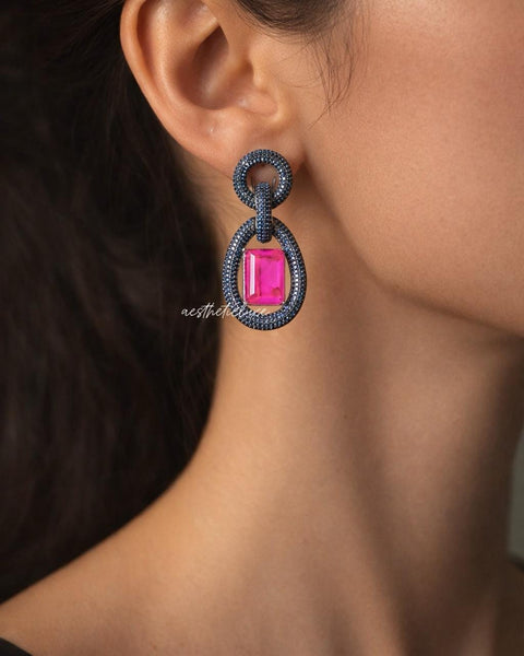 Statement Blue Nano Pave Crystals Earrings | Pink Art Deco Drop Earrings | Lightweight Designer Retro Glam Jewelry