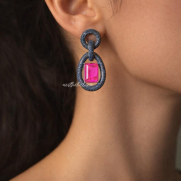 Statement Blue Nano Pave Crystals Earrings | Pink Art Deco Drop Earrings | Lightweight Designer Retro Glam Jewelry