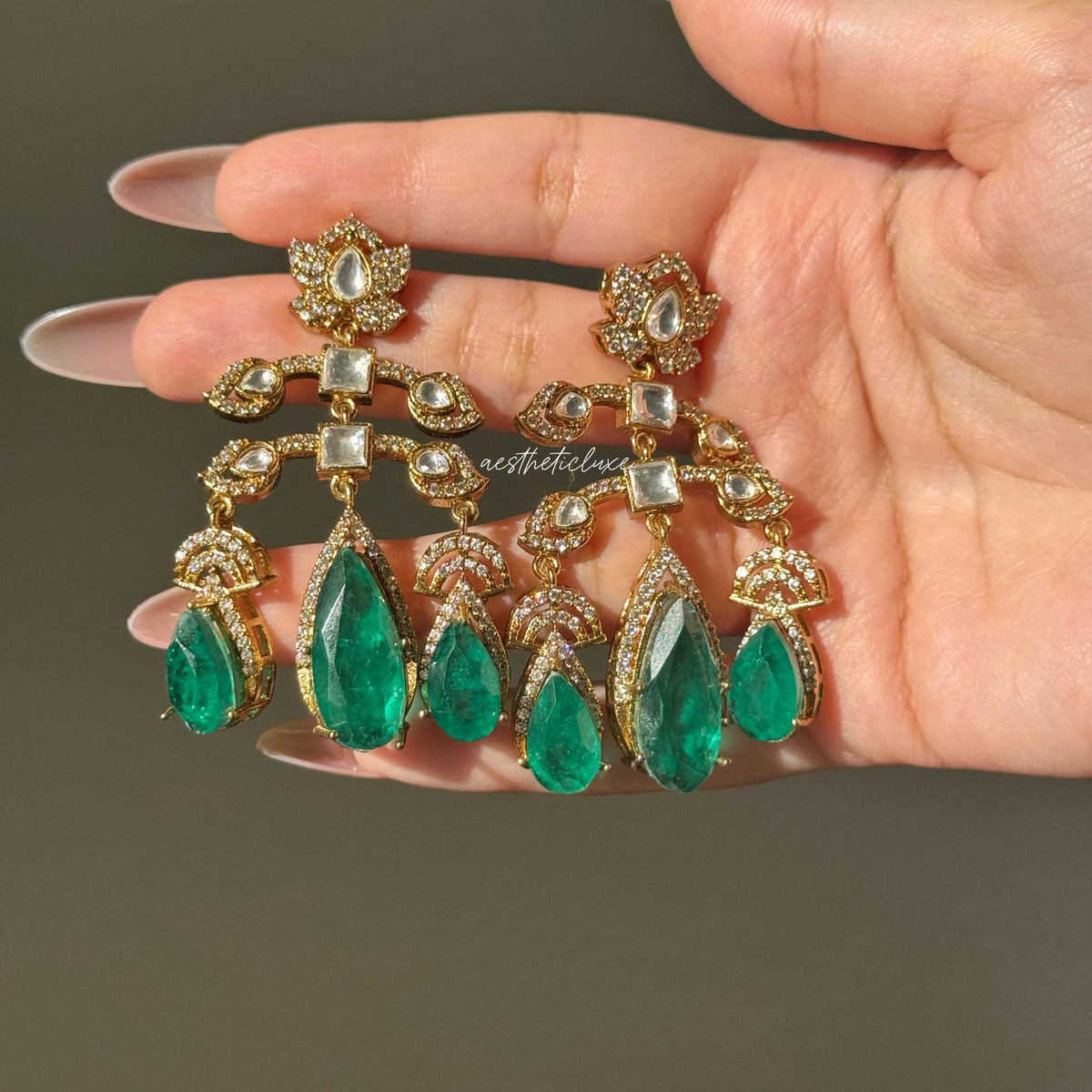 Emerald Green Kundan Chandelier Earrings | Gold Plated Statement Indian Bridal Earrings | Wedding & Festive Jewelry | Deepika Inspired