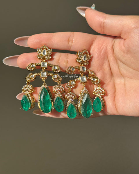 Emerald Green Kundan Chandelier Earrings | Gold Plated Statement Indian Bridal Earrings | Wedding & Festive Jewelry | Deepika Inspired