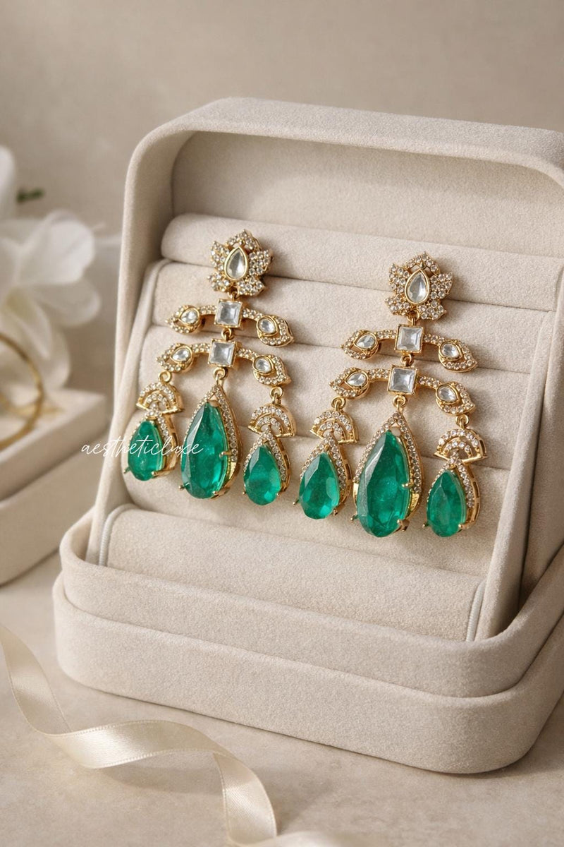 Emerald Green Kundan Chandelier Earrings | Gold Plated Statement Indian Bridal Earrings | Wedding & Festive Jewelry | Deepika Inspired