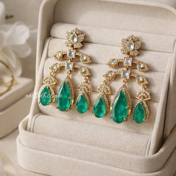Emerald Green Kundan Chandelier Earrings | Gold Plated Statement Indian Bridal Earrings | Wedding & Festive Jewelry | Deepika Inspired