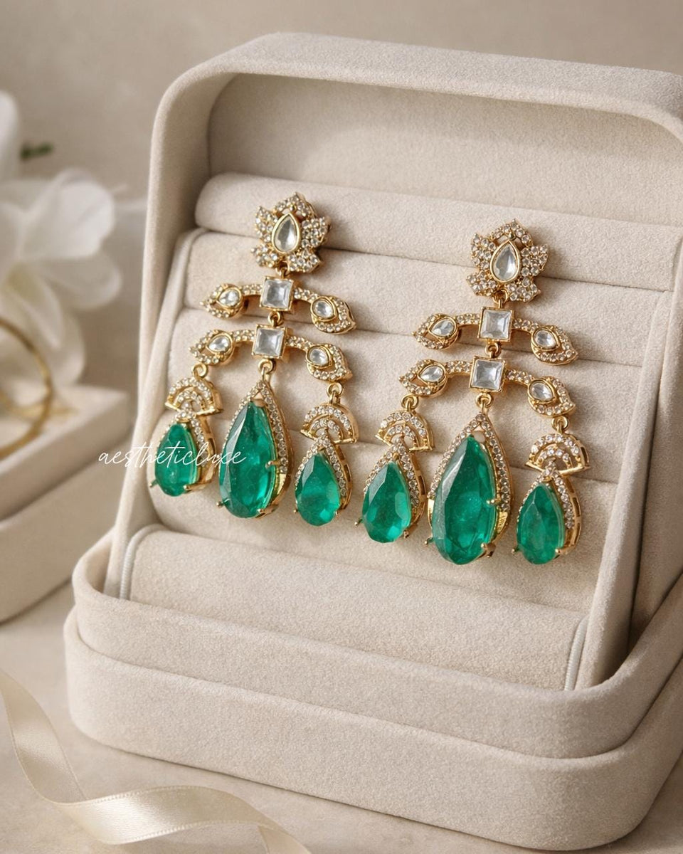 Emerald Green Kundan Chandelier Earrings | Gold Plated Statement Indian Bridal Earrings | Wedding & Festive Jewelry | Deepika Inspired
