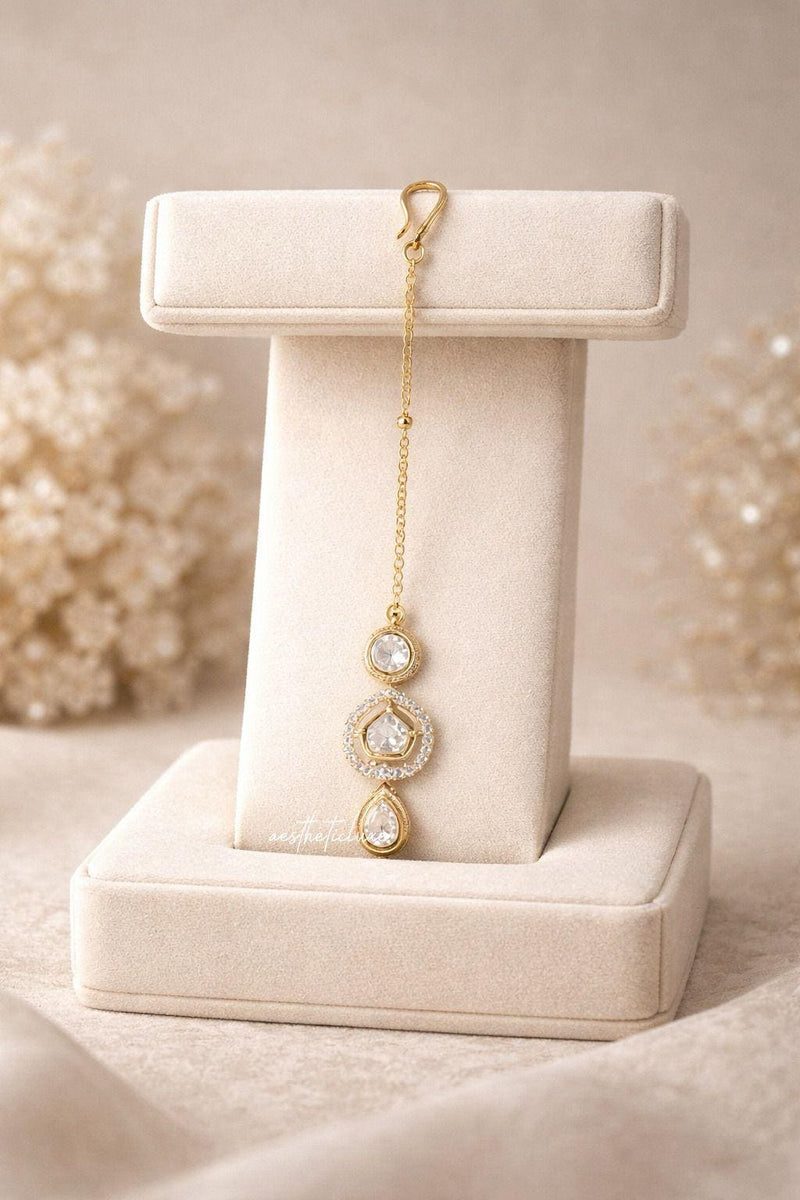 Gold Plated Polki Maang Tikka | White Kundan & Cubic Zirconia Headpiece | Indian Bridal Forehead Jewelry | Traditional Tikka