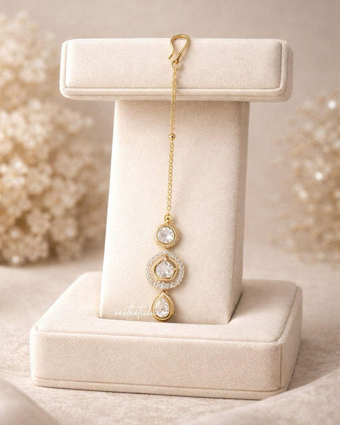 Gold Plated Polki Maang Tikka | White Kundan & Cubic Zirconia Headpiece | Indian Bridal Forehead Jewelry | Traditional Tikka