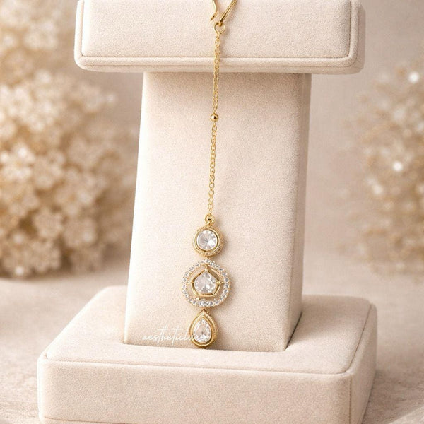 Gold Plated Polki Maang Tikka | White Kundan & Cubic Zirconia Headpiece | Indian Bridal Forehead Jewelry | Traditional Tikka