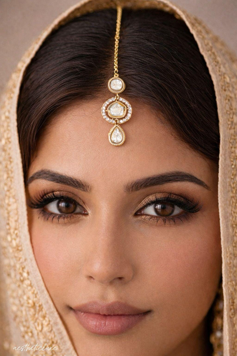 Gold Plated Polki Maang Tikka | White Kundan & Cubic Zirconia Headpiece | Indian Bridal Forehead Jewelry | Traditional Tikka