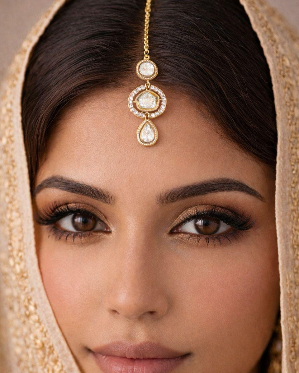 Gold Plated Polki Maang Tikka | White Kundan & Cubic Zirconia Headpiece | Indian Bridal Forehead Jewelry | Traditional Tikka