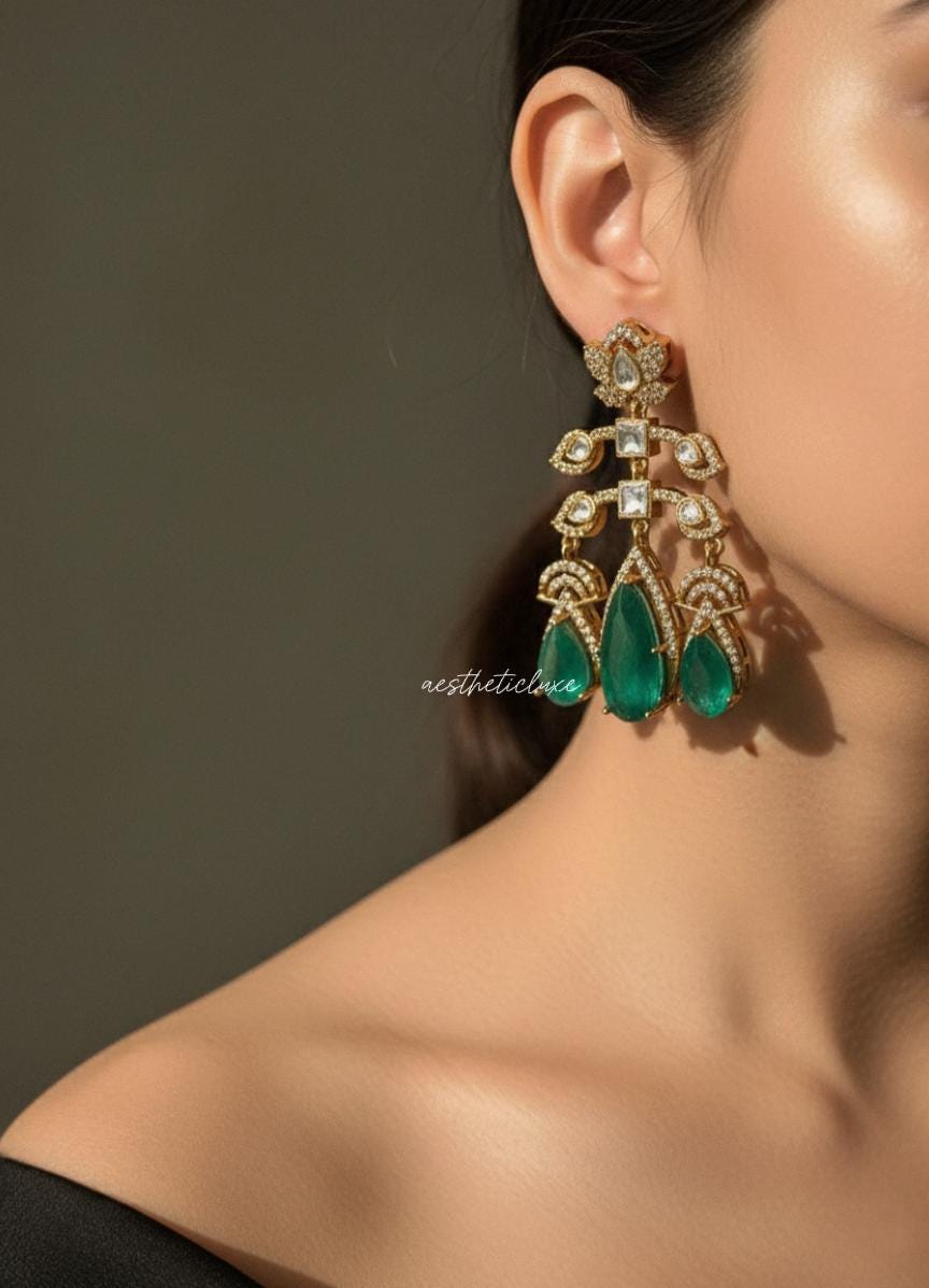 Emerald Green Kundan Chandelier Earrings | Gold Plated Statement Indian Bridal Earrings | Wedding & Festive Jewelry | Deepika Inspired