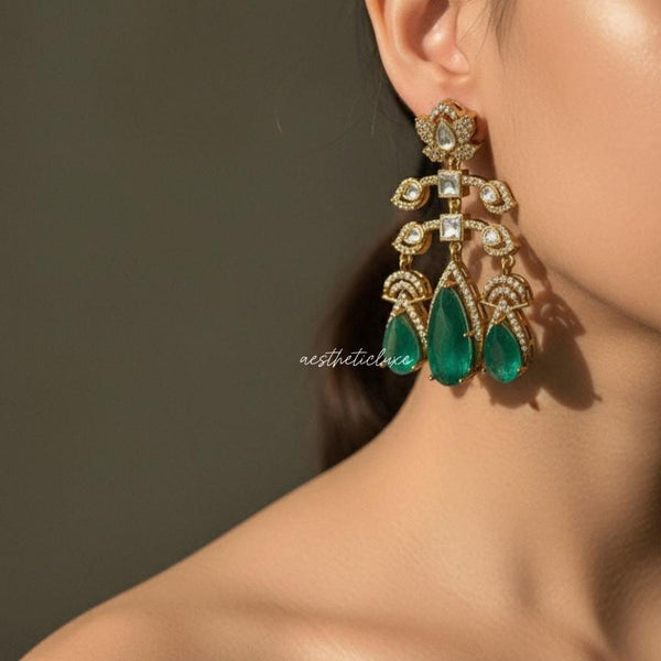 Emerald Green Kundan Chandelier Earrings | Gold Plated Statement Indian Bridal Earrings | Wedding & Festive Jewelry | Deepika Inspired
