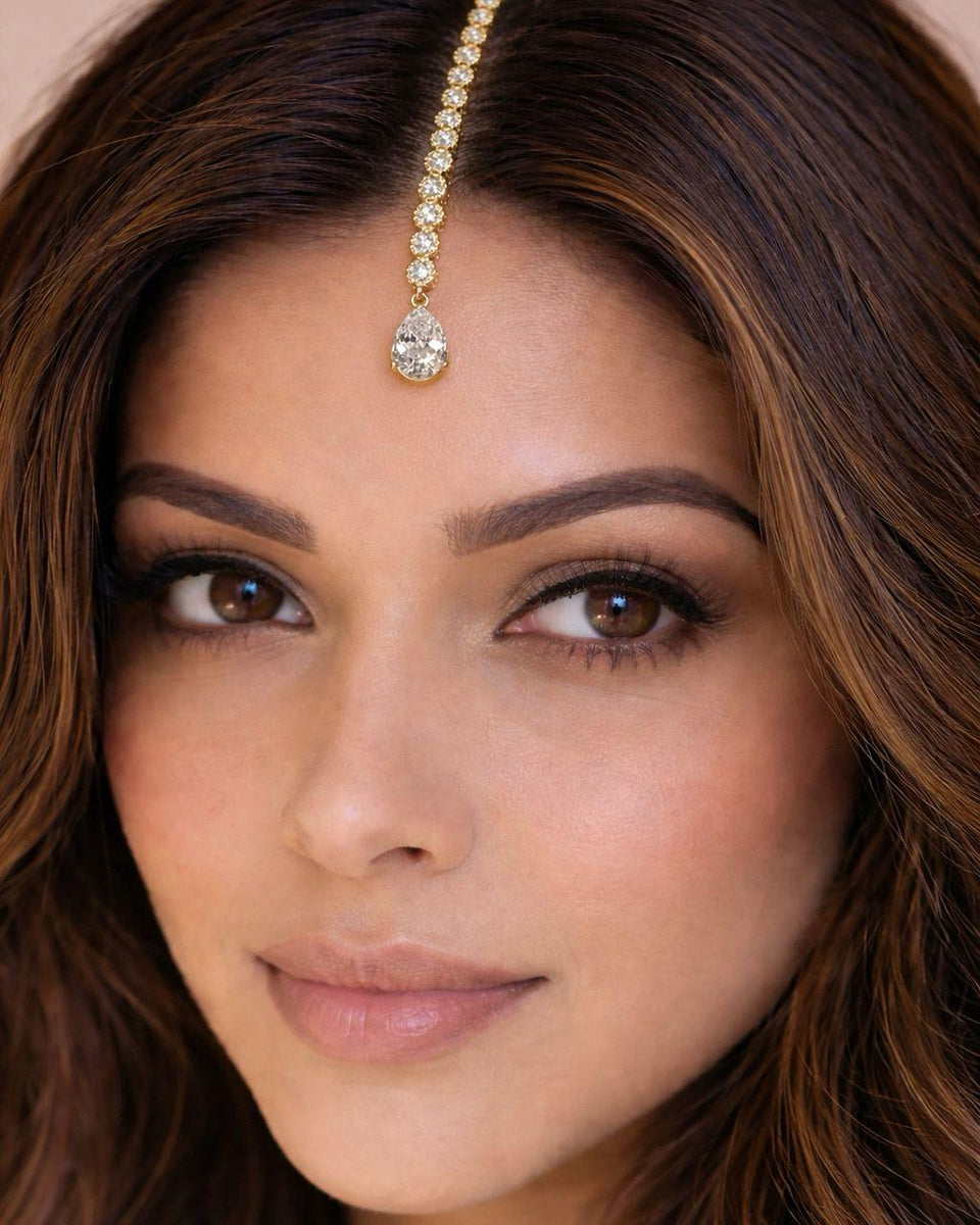 Gold Plated CZ Drop Maang Tikka | White Zircon Indian Bridal Forehead Jewelry | Minimal Wedding Maang Tikka | Traditional Kundan Style Tikka