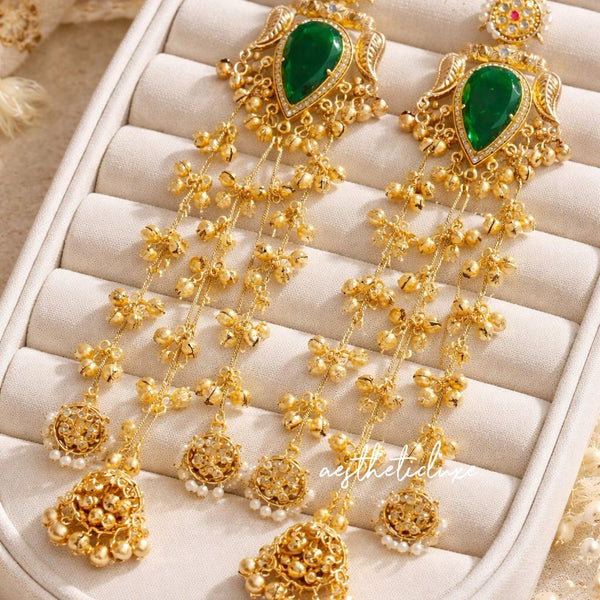 Kashmiri Green Emerald Earrings | Gold-Tone Kundan Indian Bridal Polki Jewelry | Sangeet Bride Earrings