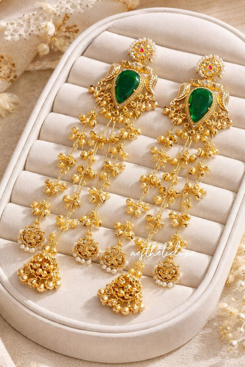 Kashmiri Green Emerald Earrings | Gold-Tone Kundan Indian Bridal Polki Jewelry | Sangeet Bride Earrings