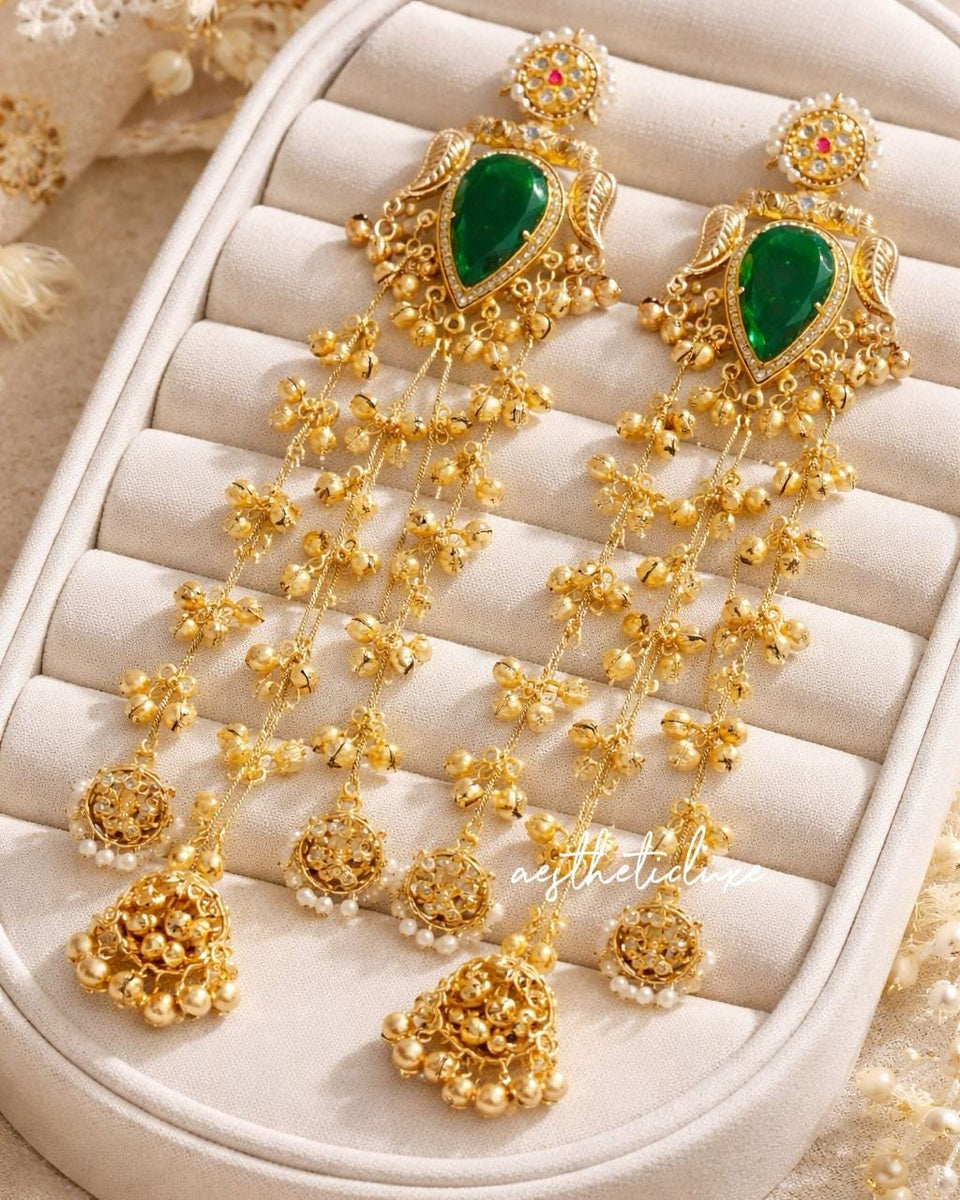 Kashmiri Green Emerald Earrings | Gold-Tone Kundan Indian Bridal Polki Jewelry | Sangeet Bride Earrings