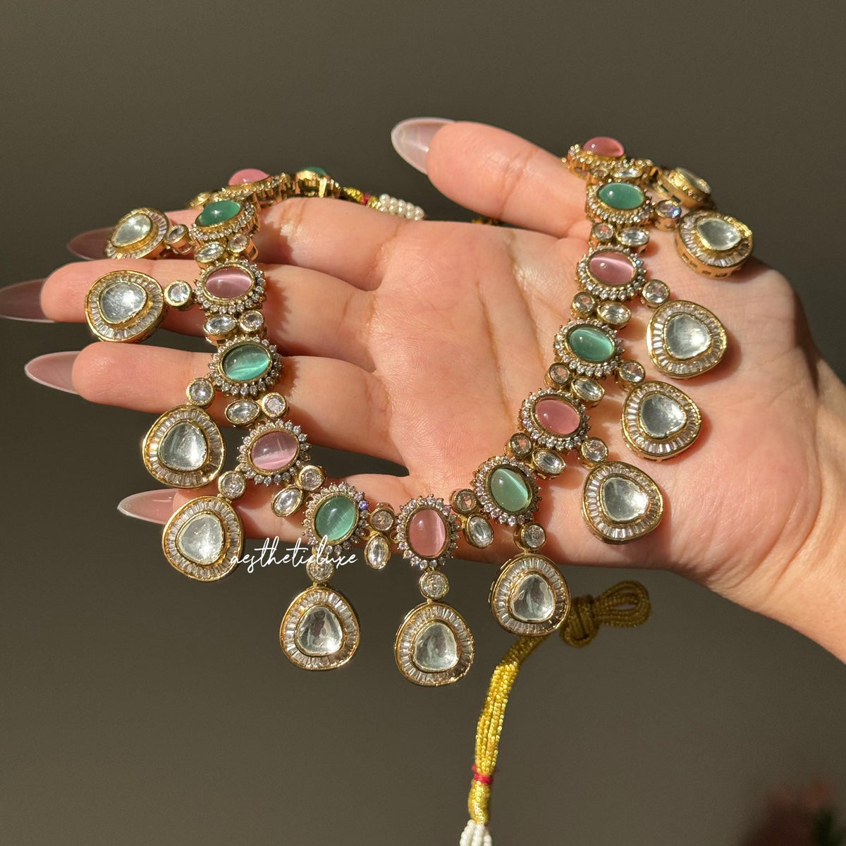 Pink Kundan Necklace Set with Earrings | Gold Plated Polki Bridal Jewelry Set | Pastel Stone Indian Wedding Statement Necklace
