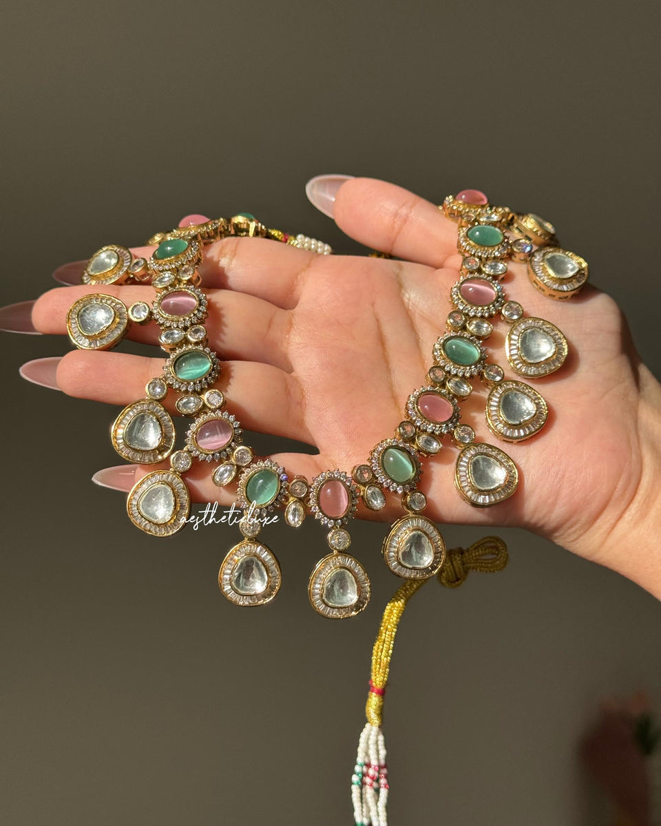 Pink Kundan Necklace Set with Earrings | Gold Plated Polki Bridal Jewelry Set | Pastel Stone Indian Wedding Statement Necklace
