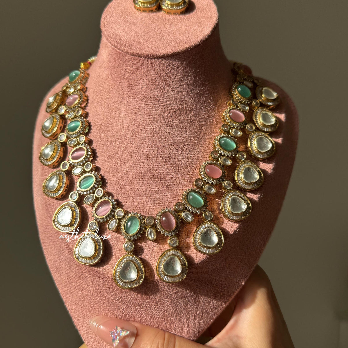 Pink Kundan Necklace Set with Earrings | Gold Plated Polki Bridal Jewelry Set | Pastel Stone Indian Wedding Statement Necklace