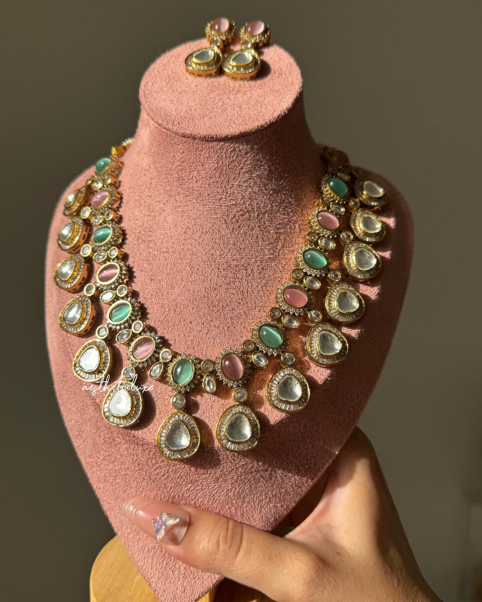 Pink Kundan Necklace Set with Earrings | Gold Plated Polki Bridal Jewelry Set | Pastel Stone Indian Wedding Statement Necklace